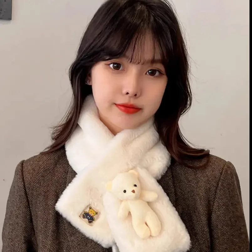 百搭围巾毛绒白色可爱时尚卡通保暖毛绒围脖网红加厚学生纯色ins