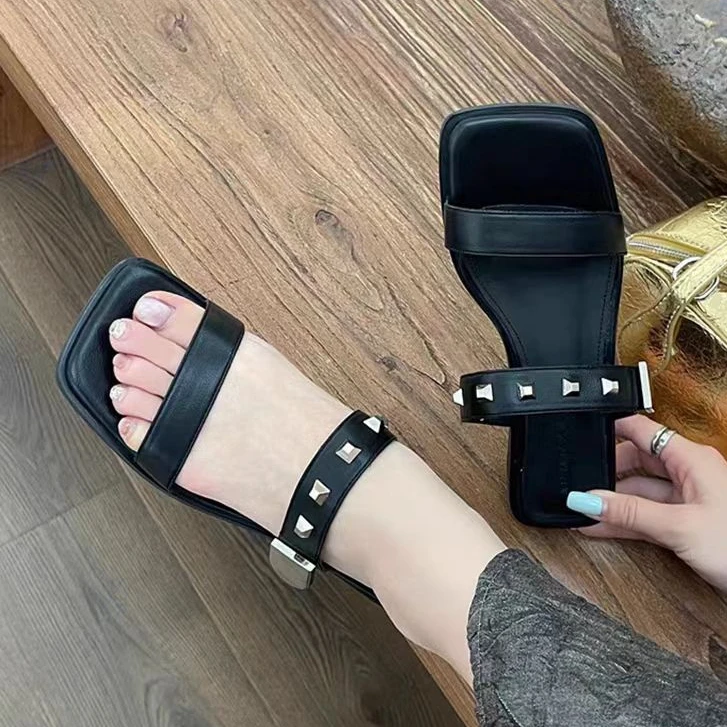 外穿法式方头粗跟中跟露趾一字凉拖鞋515-18