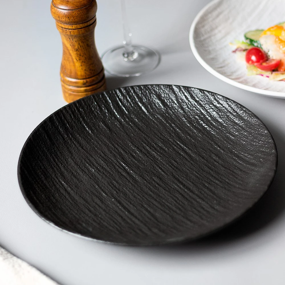 JINXI/津喜日式餐盘子家用盘石纹深盘菜盘黑色磨砂盘陶瓷盘圆形盘