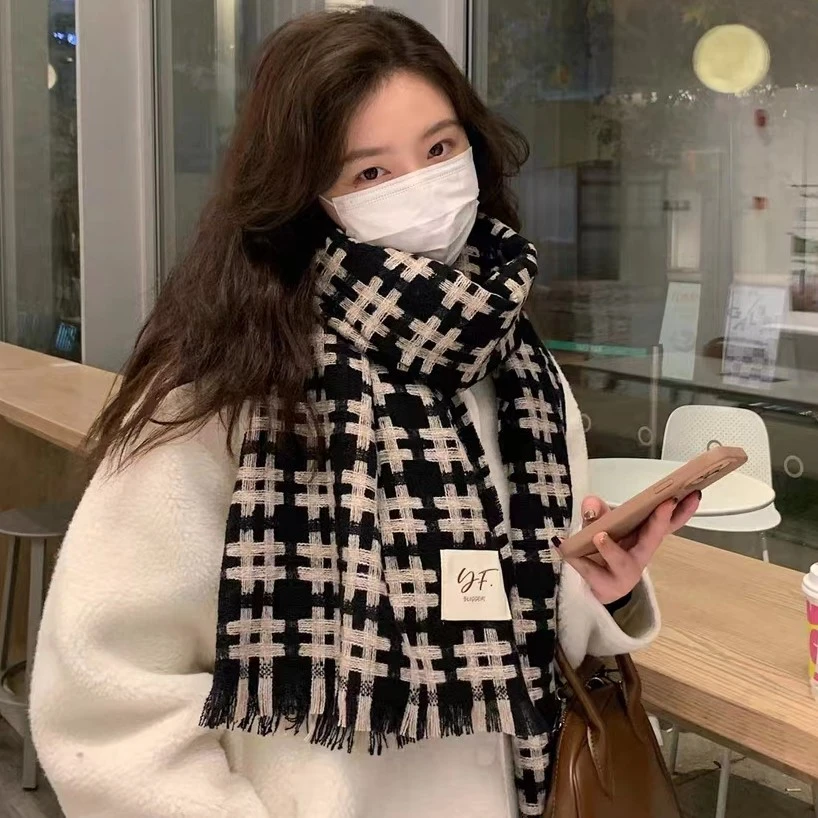 韩版百搭文艺复古短须井纹格子围巾女加大保暖披肩两用情侣围脖男