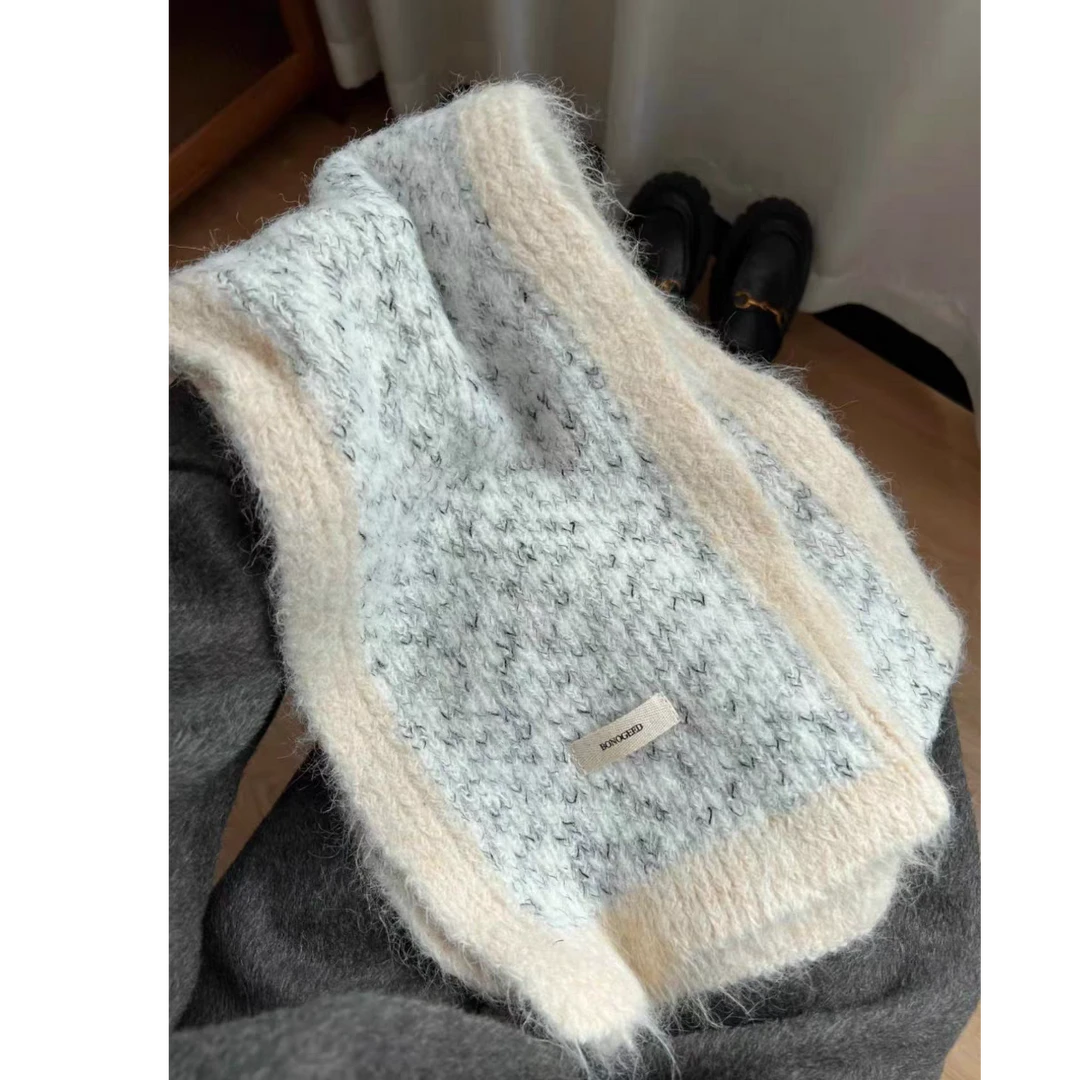 海盐雾凇白色含羊毛围巾女韩系针织秋冬流光风学生情侣百搭围脖男