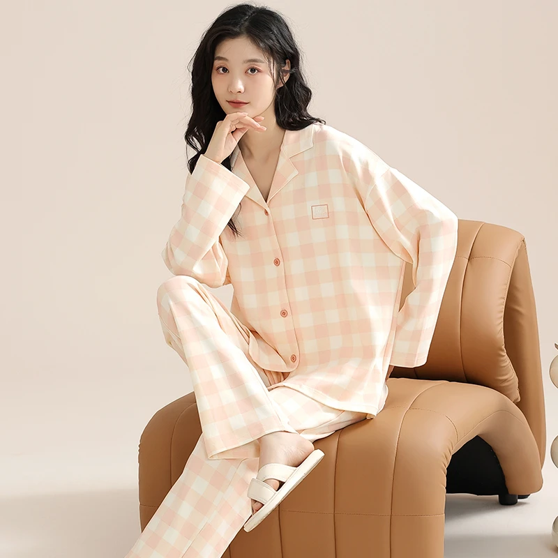 2023新款轻奢睡衣女春秋季高级感长袖格子家居服日系休闲可外穿冬