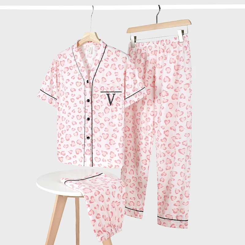 芯语婷V字豹纹三件套睡衣女士夏季可外穿家居服轻奢宽松大码91323