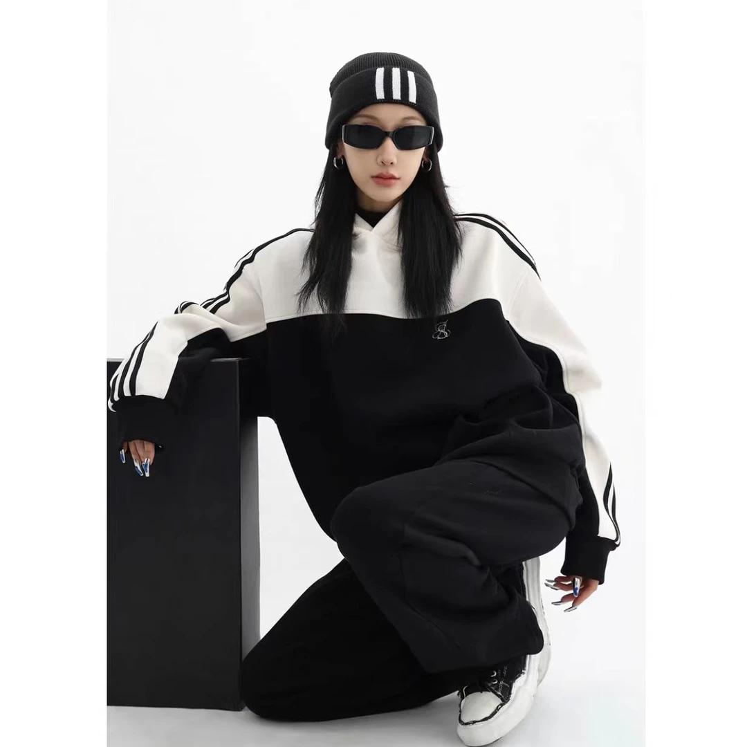 《 刘雯雯专属》秋季新款潮流休闲宽松撞色拼色男女同款连帽卫衣