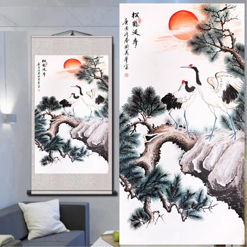 松鹤延年仙鹤松树花鸟画丝绸卷轴挂画老人生日祝寿送礼对联中堂画