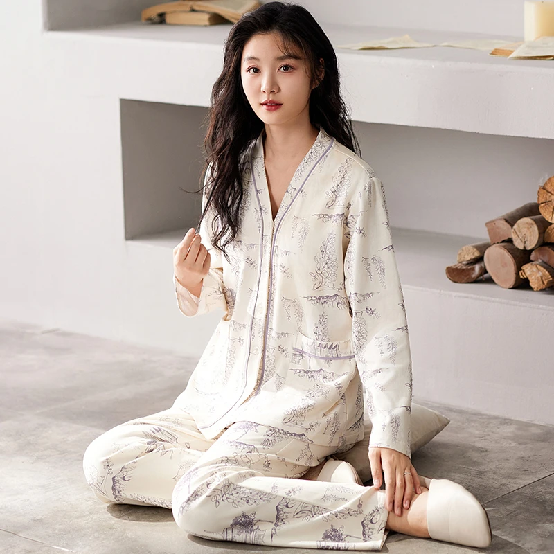 【带胸垫】莉莉家女士新款纯棉V领乳白水墨画长袖睡衣家居服可外穿