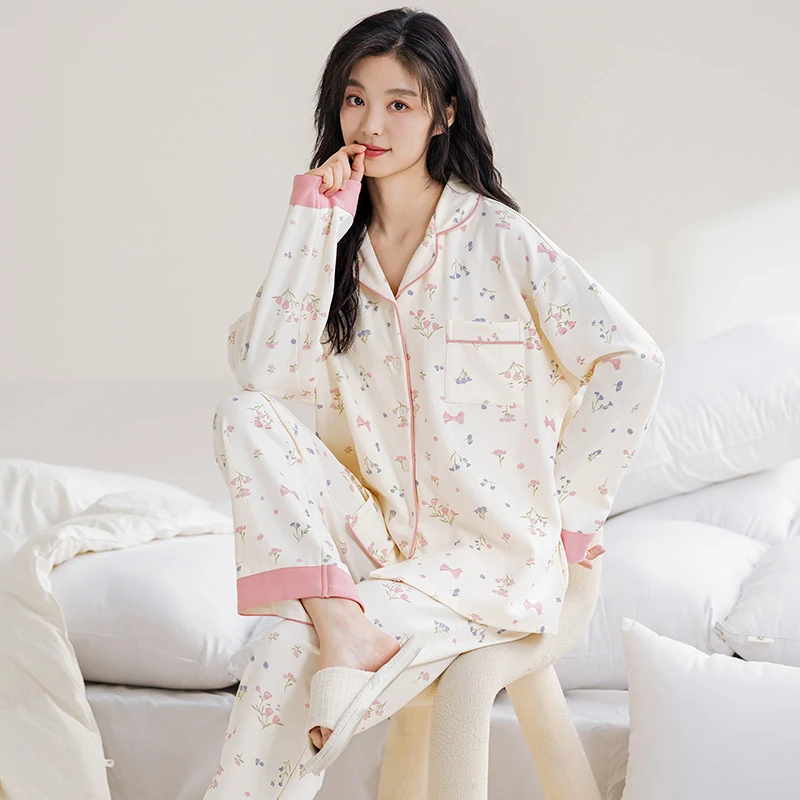 莉莉家睡衣女士2024加厚纯棉粉色简约花长袖开衫家居服套装可外穿