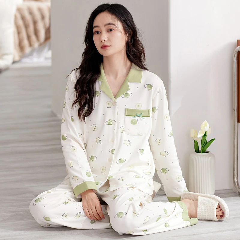 莉莉家女士2024新款纯棉开衫长袖长裤绿苹果睡衣家居服套装外穿