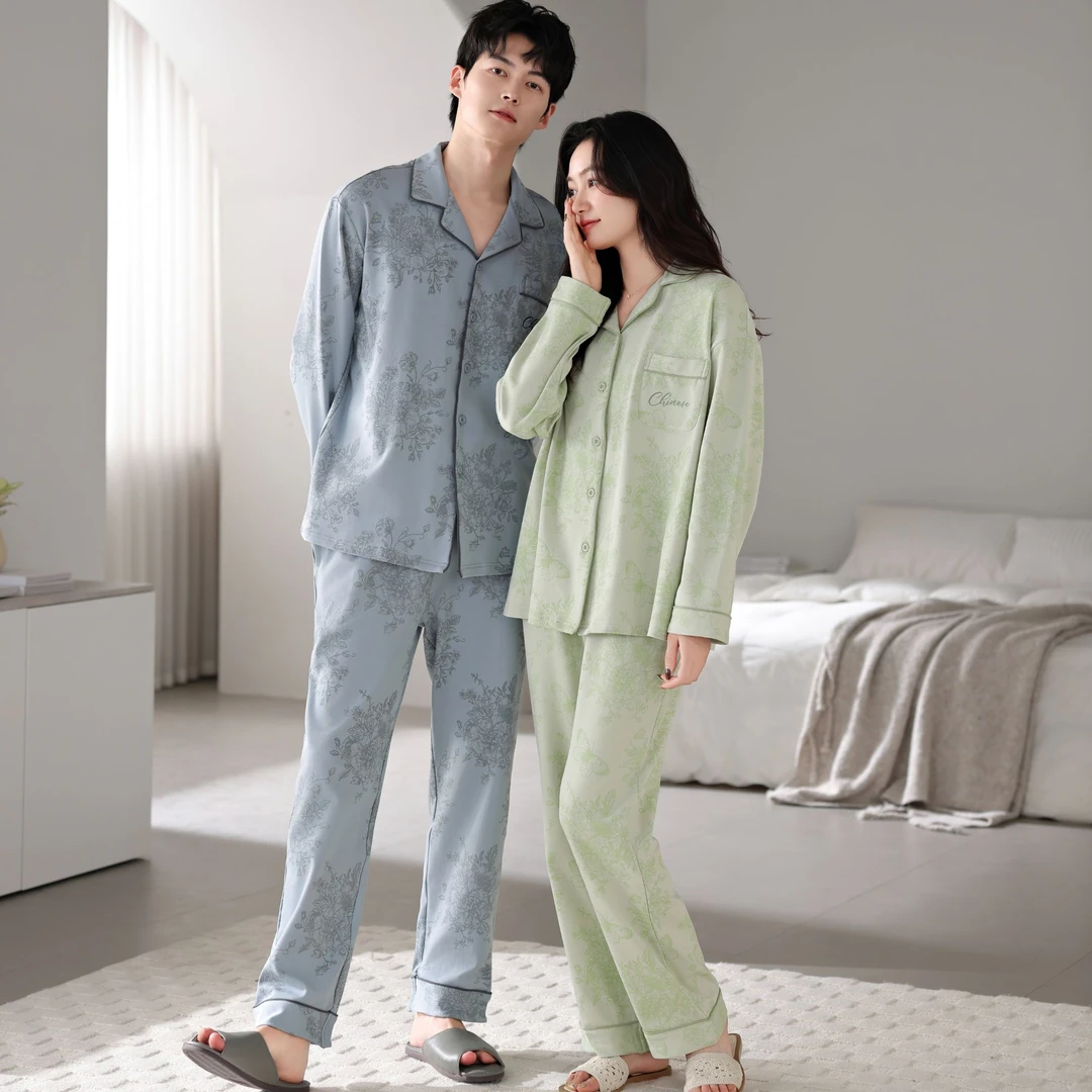 莉莉家睡衣女士加厚纯棉绿色花园长袖开衫款睡衣套装家居服保暖