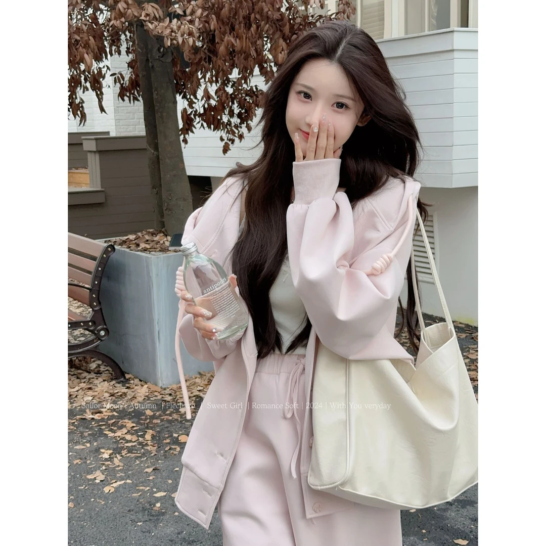 妖精的美美 【粉椰水】韩系温柔卫衣外套裙套装