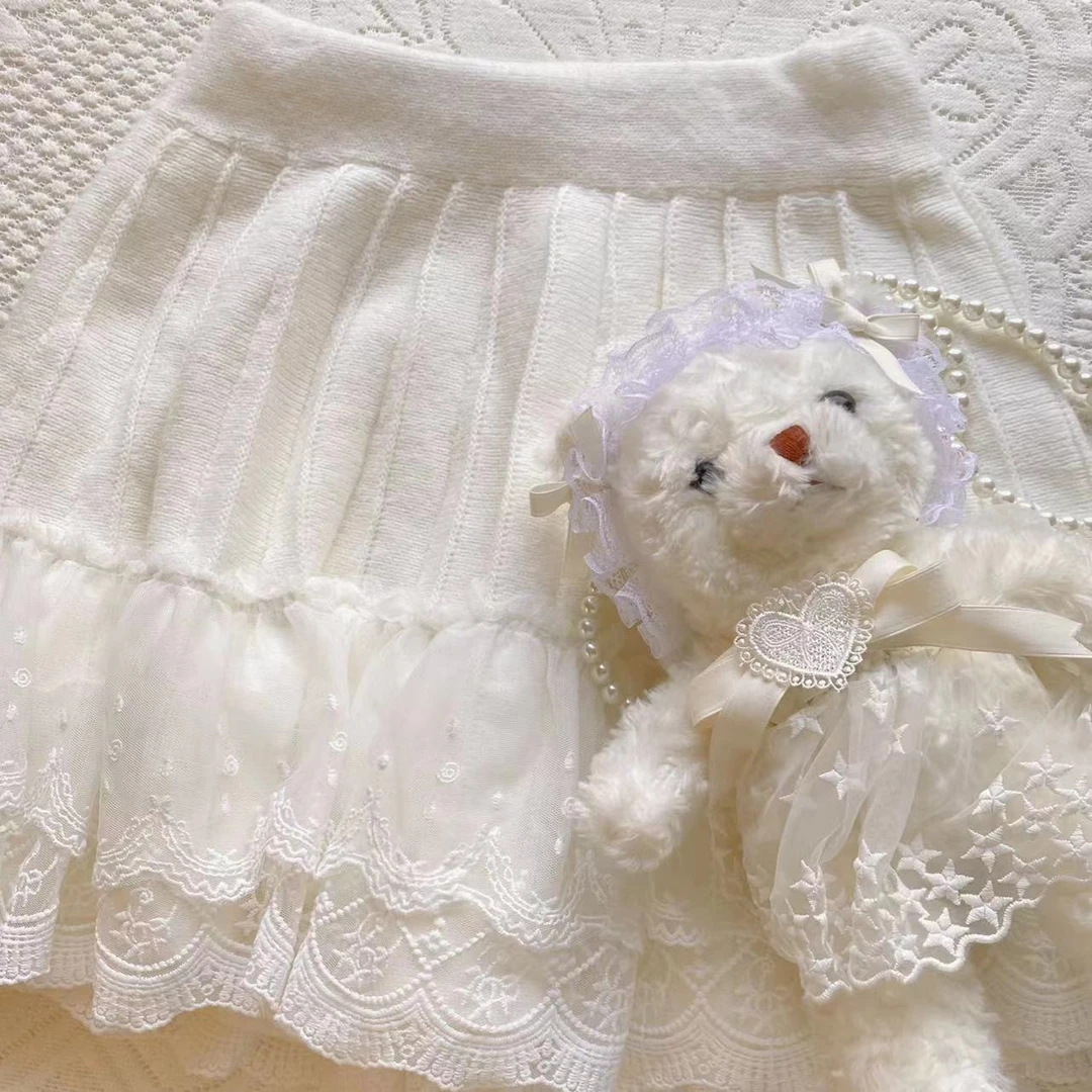 妖精的美美 【白茶茉莉】蕾丝针织百搭半身裙