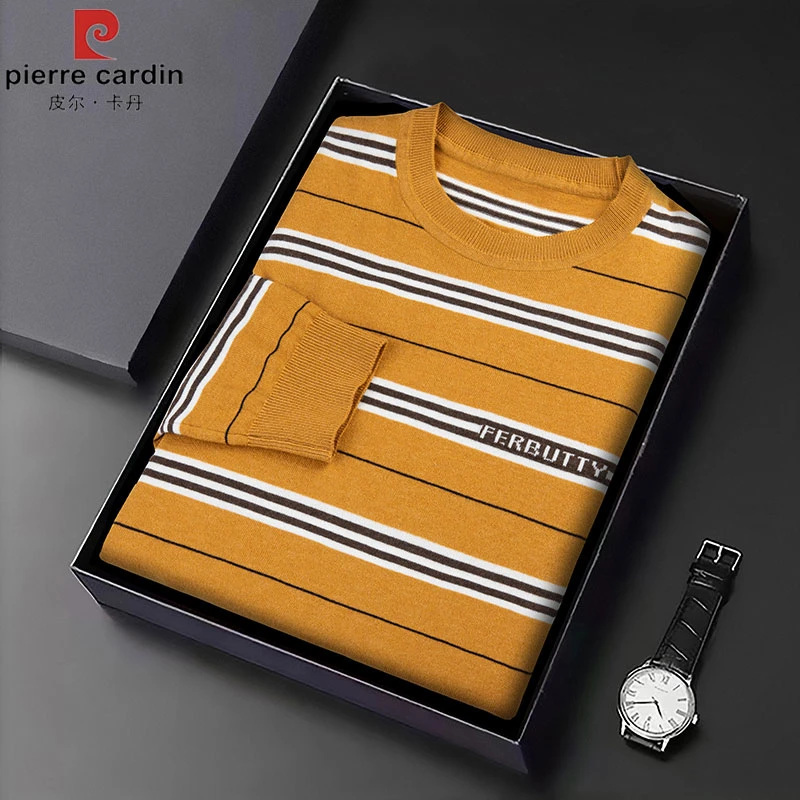 皮尔卡丹高档【经典条纹针织衫】男士爸爸圆领套头卫衣秋冬季打底衫
