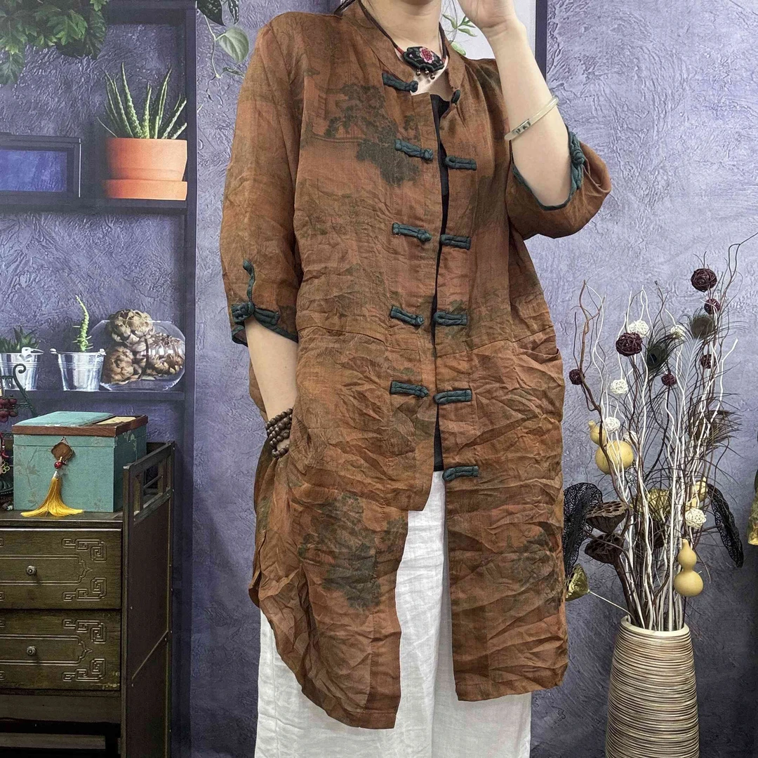 317长款风衣常熟新中式苎麻复古中长款国风宽松民族风立领薄款