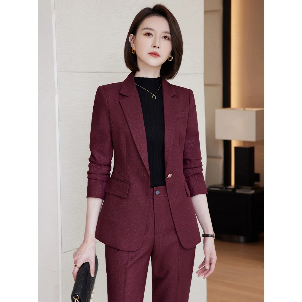 高端西装套装女酒红色春秋气质主持人工装工作服职业装西服外套秋
