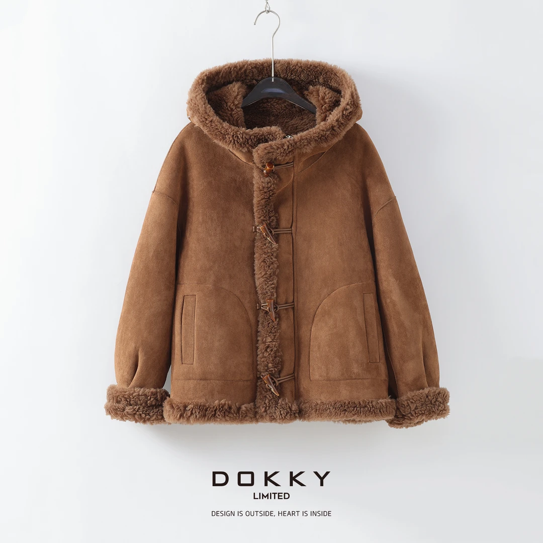 【限量尖货·汉普顿·紫标】DOKKY澳洲100绵羊羊羔毛|牛角扣连帽外套