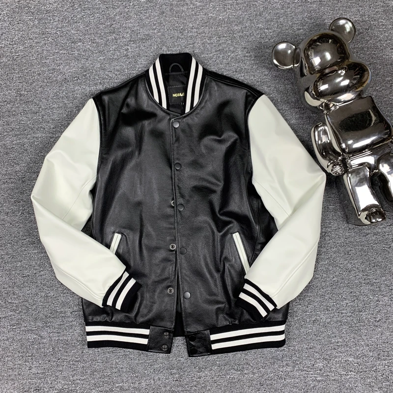 真皮皮衣男士休闲夹克头层小牛皮棒球服撞色外套春秋新款上衣黑白