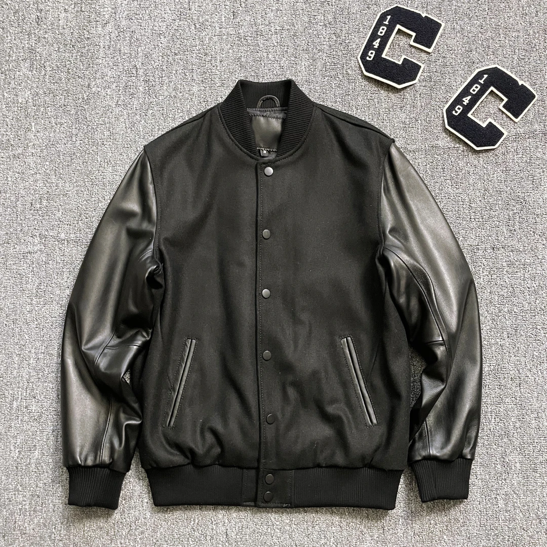 日系简约棒球夹克羊毛呢绵羊皮袖外套男士休闲上衣百搭真皮皮衣