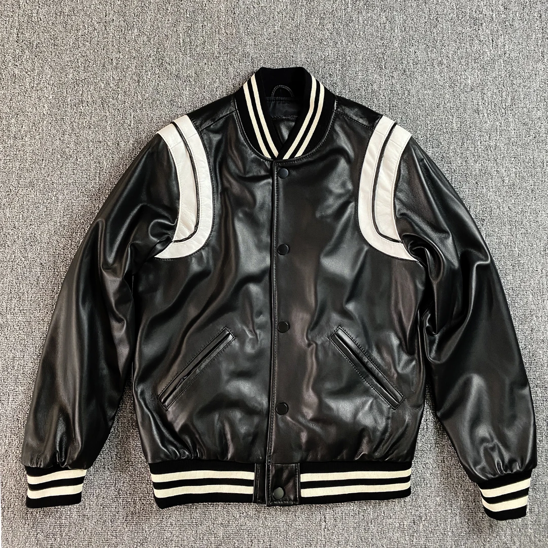 秋冬新款棒球服真皮皮衣短款皮夹克黑色立领男士男生皮撞色