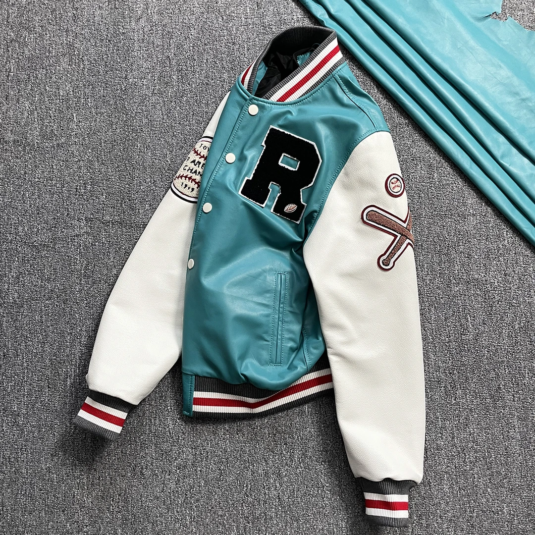 2025秋冬羊皮拼接牛皮棒球服刺绣真皮皮衣男女洋气柔软外套