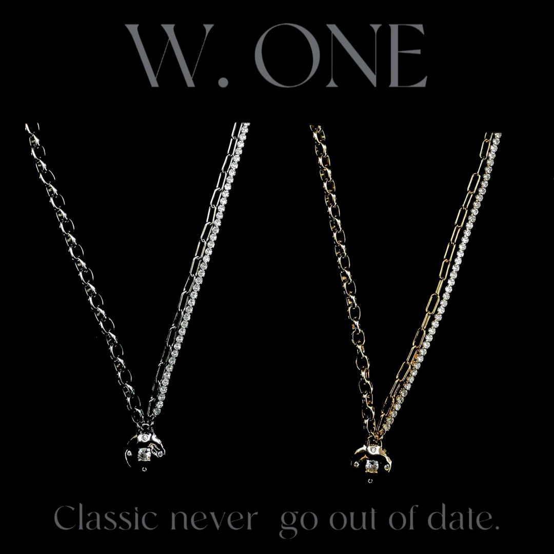 铜合金合成锆石项链 【W. ONE】小众ins韩国轻奢风锆石双层圆牌项链