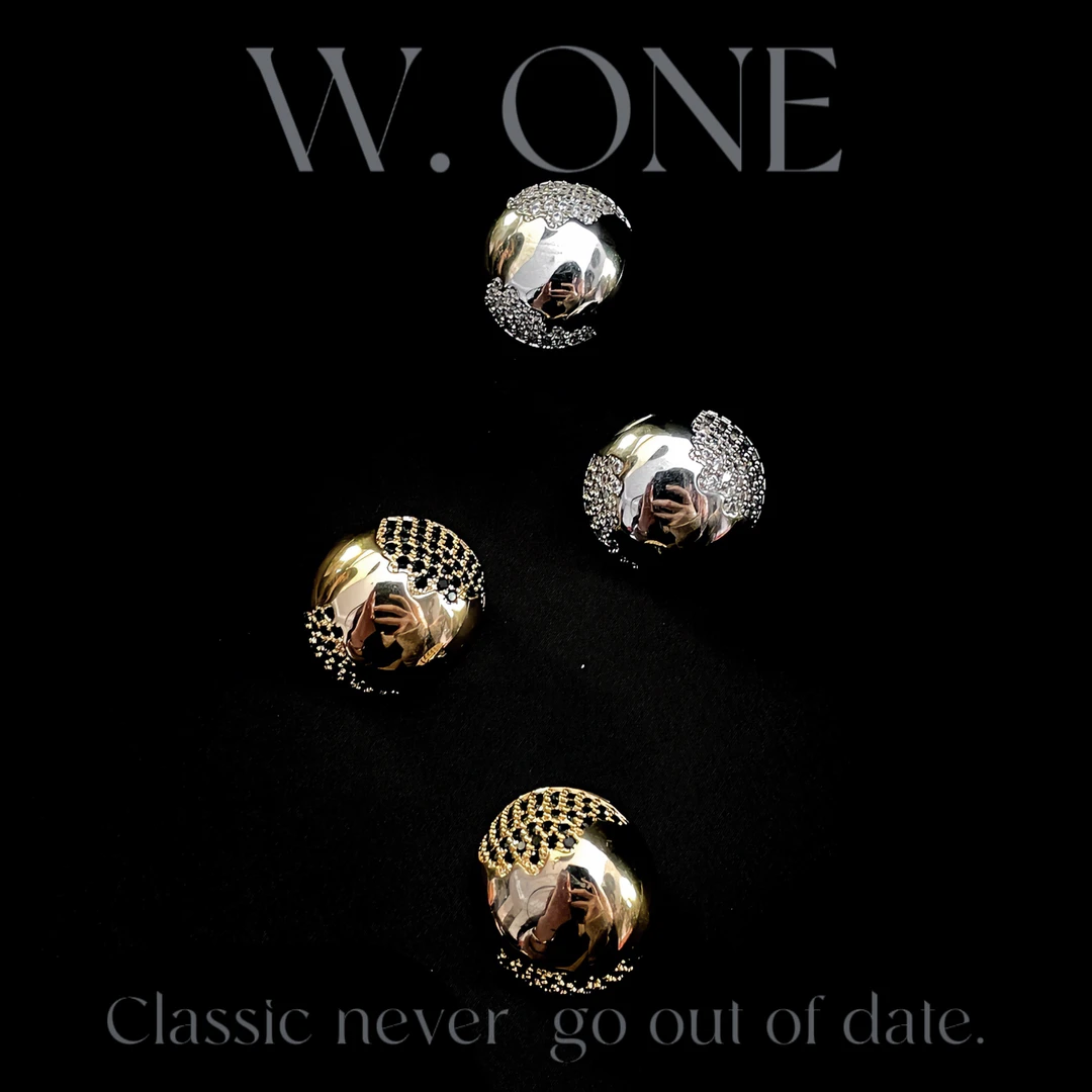 铜合金合成锆石耳饰 【W.ONE】原创设计黑锆金球耳钉轻奢欧美设计感