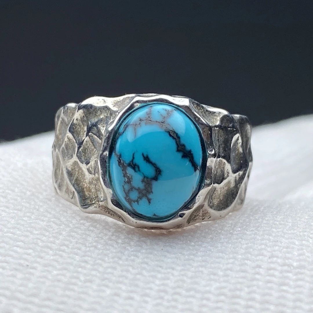 高瓷蓝蛋面男女同款S925银镶嵌戒指时尚个性开口手工绿松石单颗