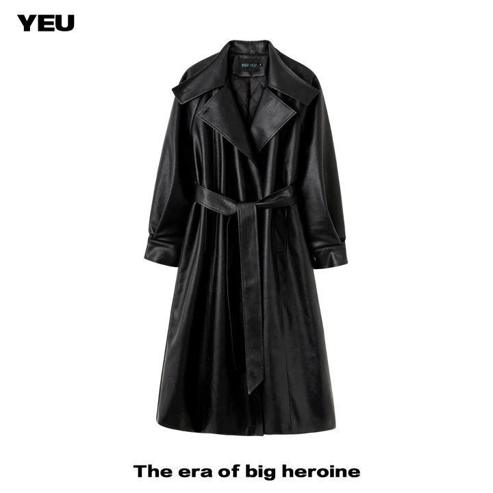 【YEU 野屋 】冬季夹棉轻奢高端时尚长款皮大衣外套收腰系带风衣