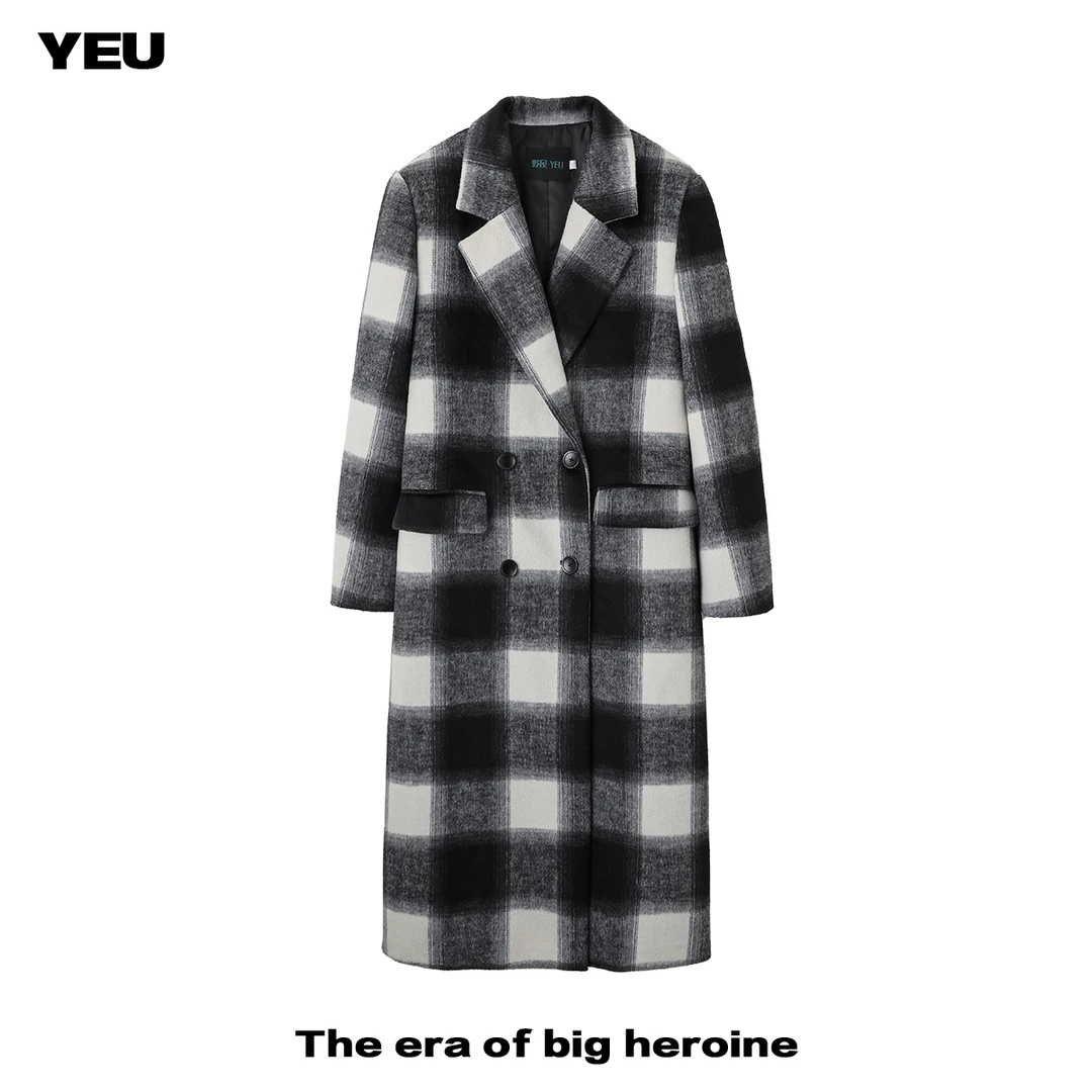 【YEU 野屋 】黑白格子高级感大衣秋冬加厚女高端宽松毛呢中长款