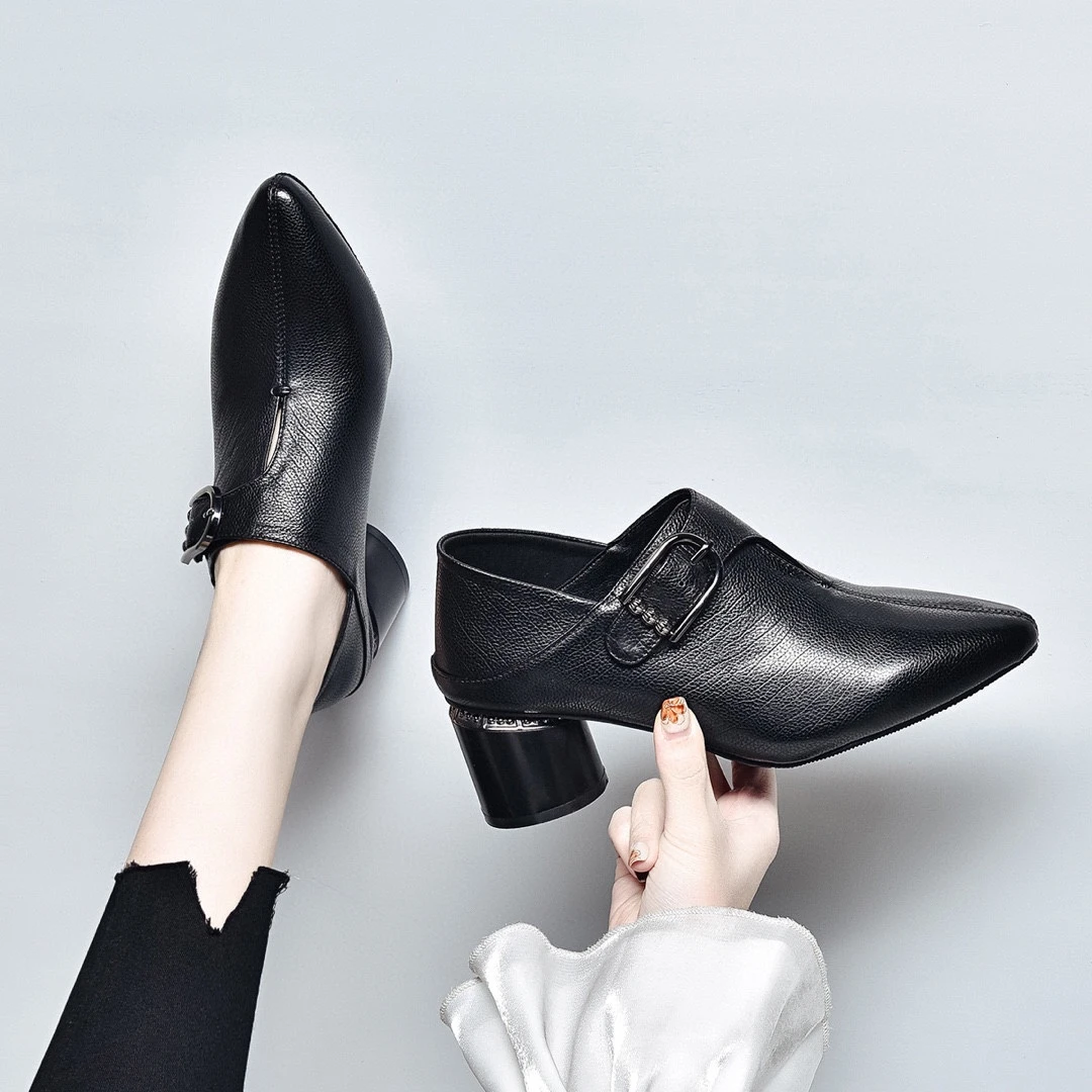 新款时尚尖头深口单鞋百搭软底粗跟头层牛皮女鞋跟高5公分