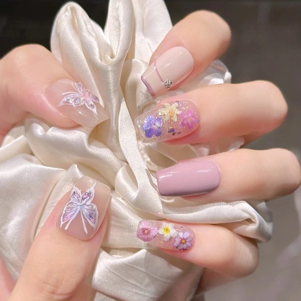 Rola nora【春和景明】 纯手工穿戴甲 手绘立体蝴蝶 香芋紫亮片干花