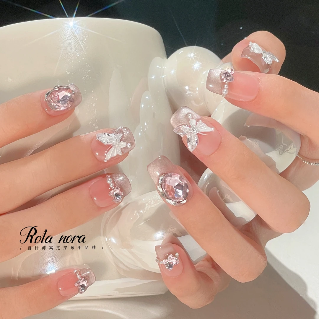 Rola Nora【仲夏之梦】纯手工穿戴甲 手绘石膏胶蝴蝶锆石钻猫眼爆款