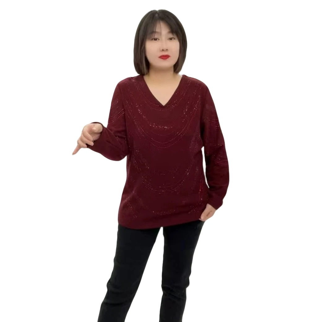 2857秋季新款弹力大码V领长袖保暖打底衫洋气上衣