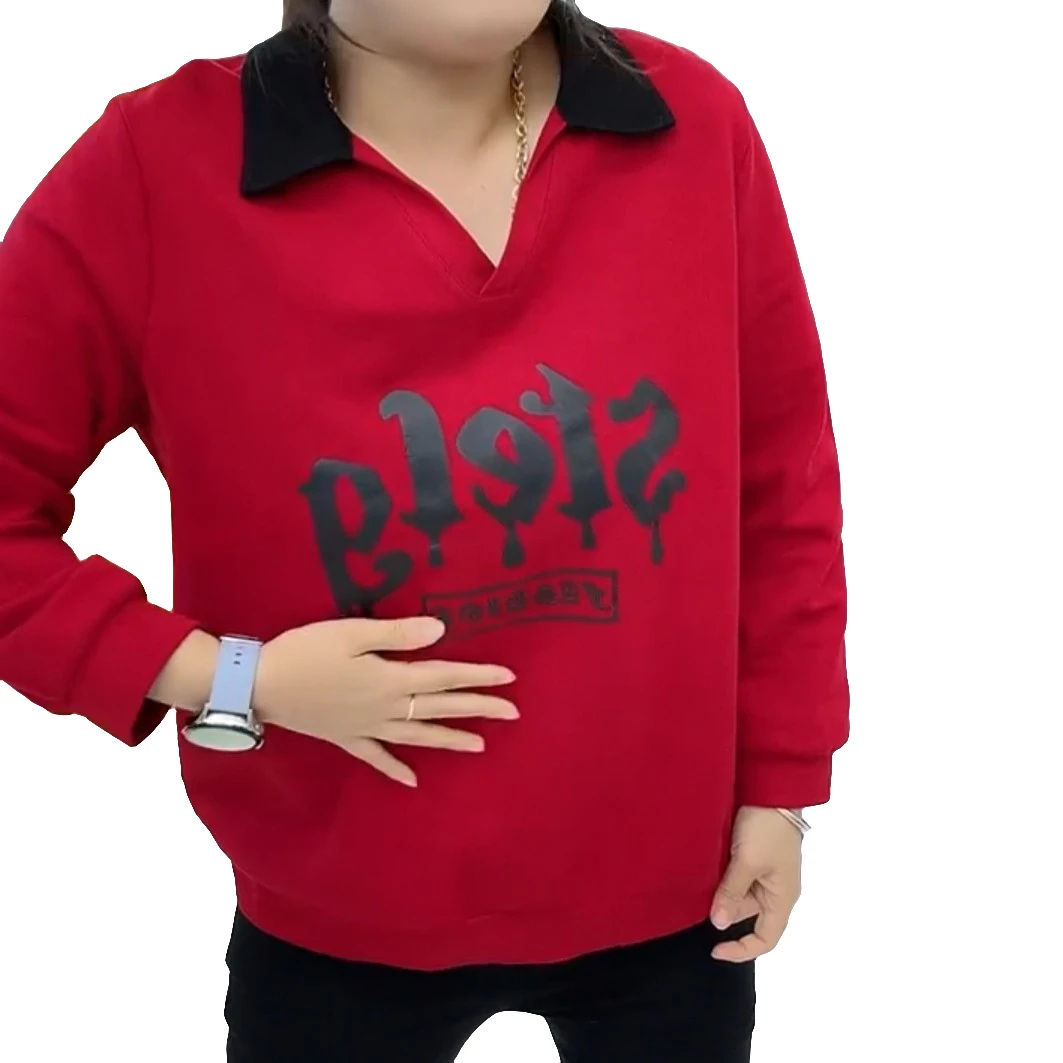 315大码休闲百搭翻领字母印花长袖卫衣女