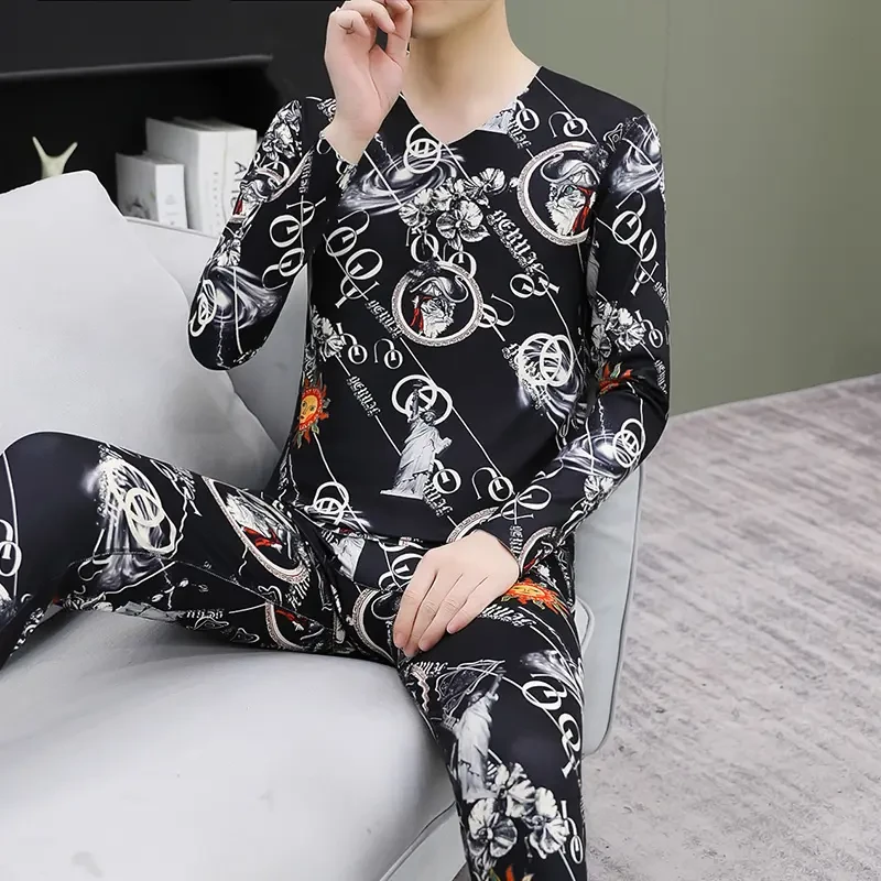 【崇光男装】内衣男士套装保暖长袖V领印花秋冬无痕双面绒修身