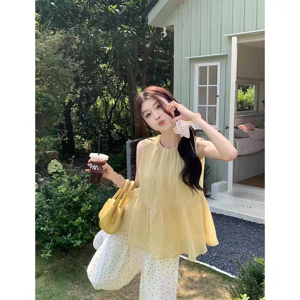 【编号800-899】无袖荷叶边上衣 百搭多巴胺女夏季新款百搭吊带裤子