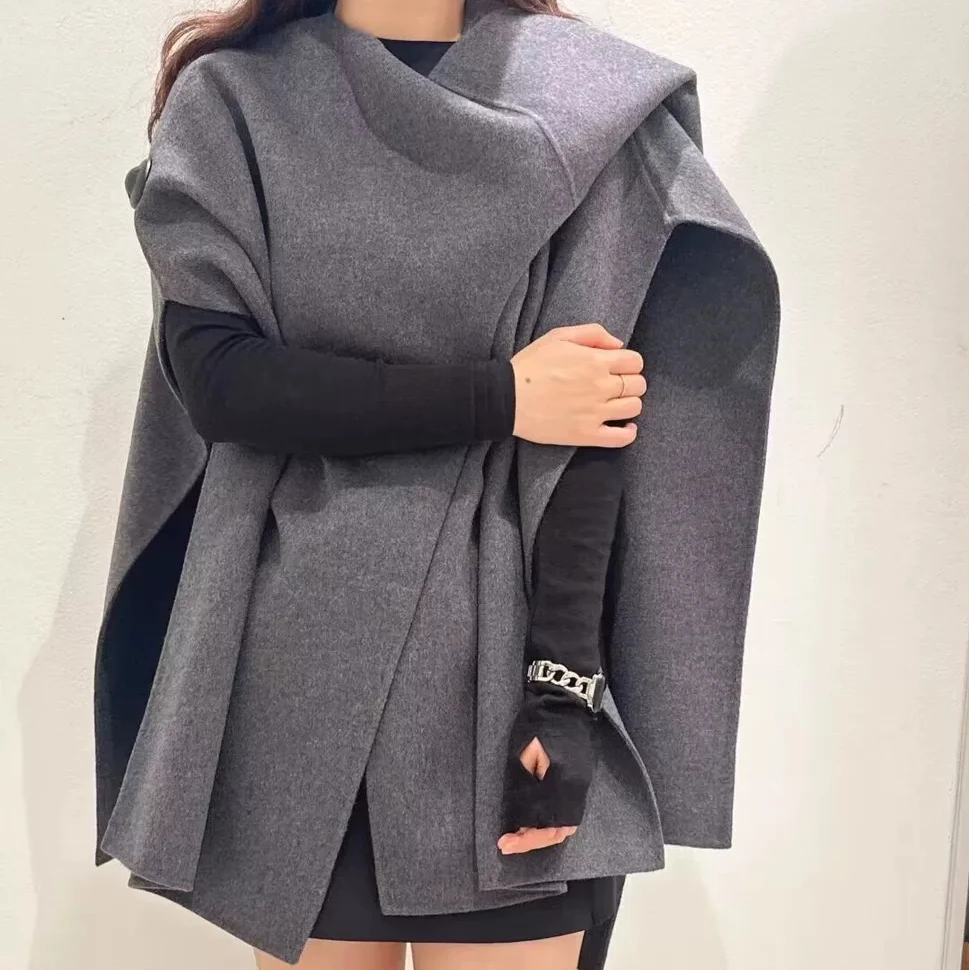 气质轻奢百搭解构感羊毛双面呢围巾领斗篷大衣外套秋冬女30202
