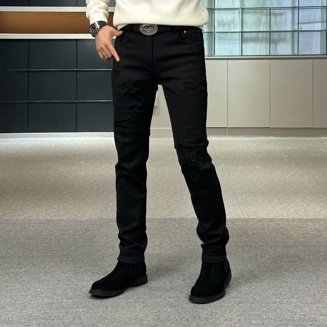 【壹帧品】压力山-WANG黑色假破洞加绒冬季时尚修身男士潮流牛仔裤