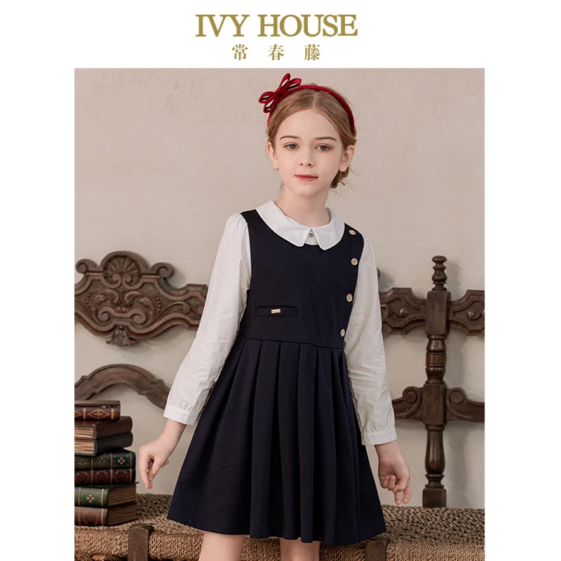 IVY HOUSE常春藤童装女童连衣裙秋季新款 假两件娃娃领衬衫裙