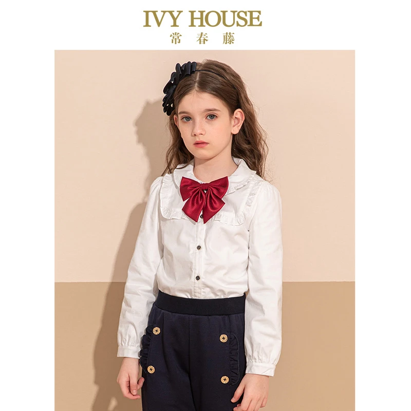 IVY HOUSE常春藤童装女童冬季新款 夹里长袖衬衫荷叶边保暖衬衣