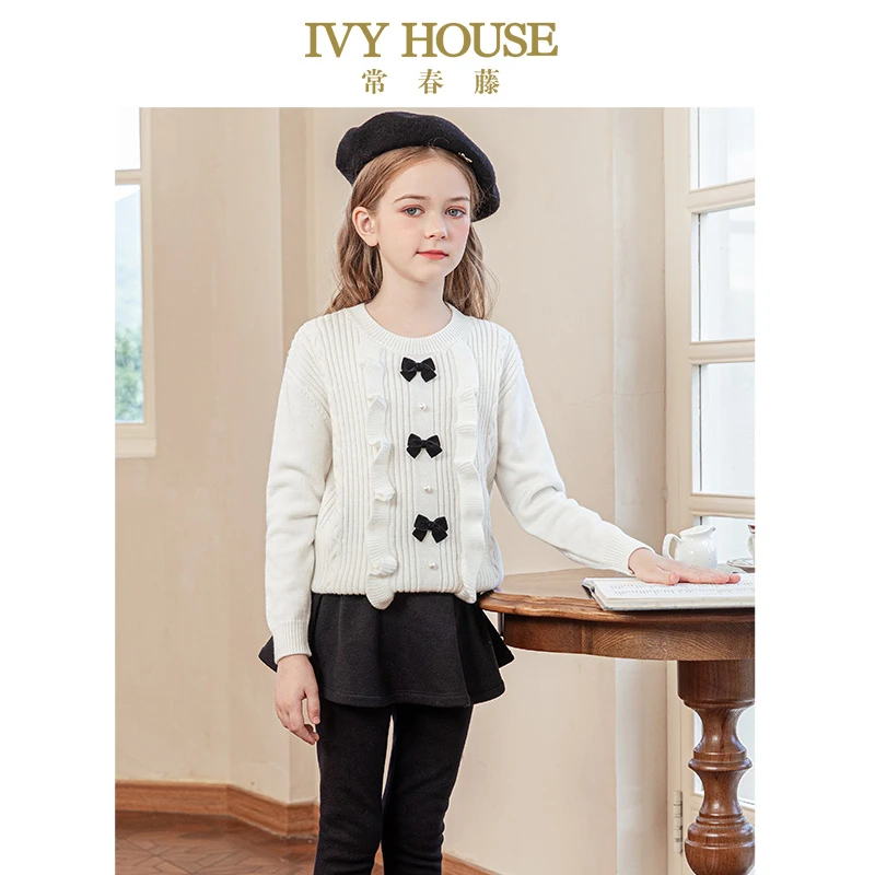 IVY HOUSE常春藤童装女童毛衣冬季新款 蝴蝶结圆领套头线衫