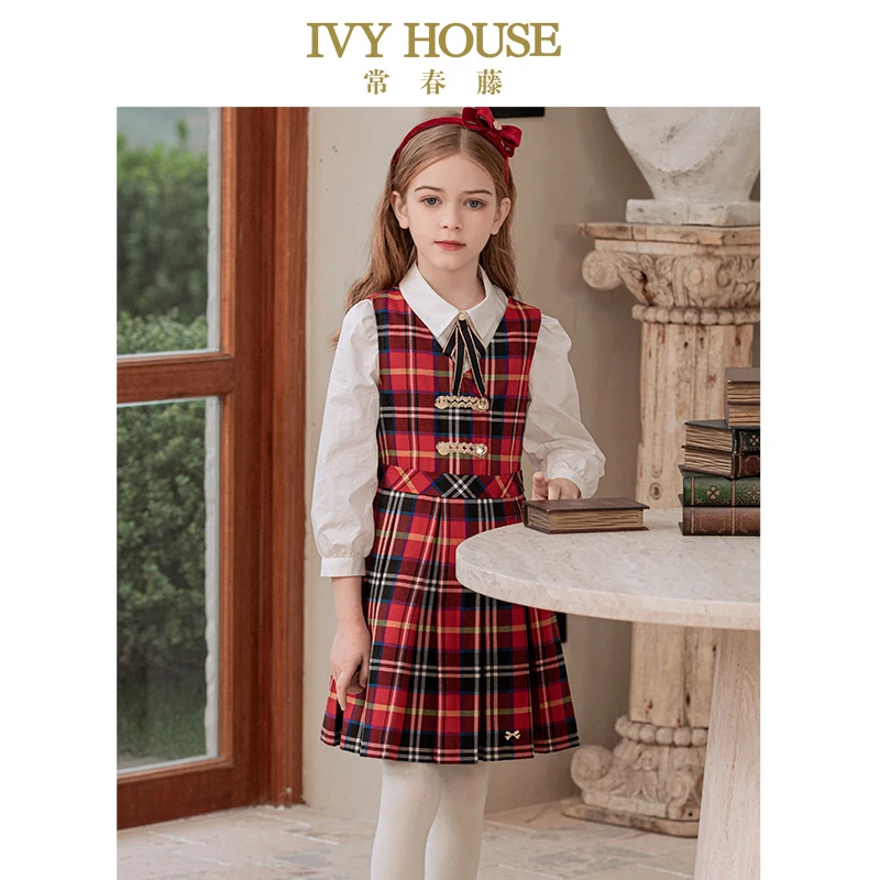 IVY HOUSE常春藤童装女童连衣裙秋季新款 格纹背心裙经典学院