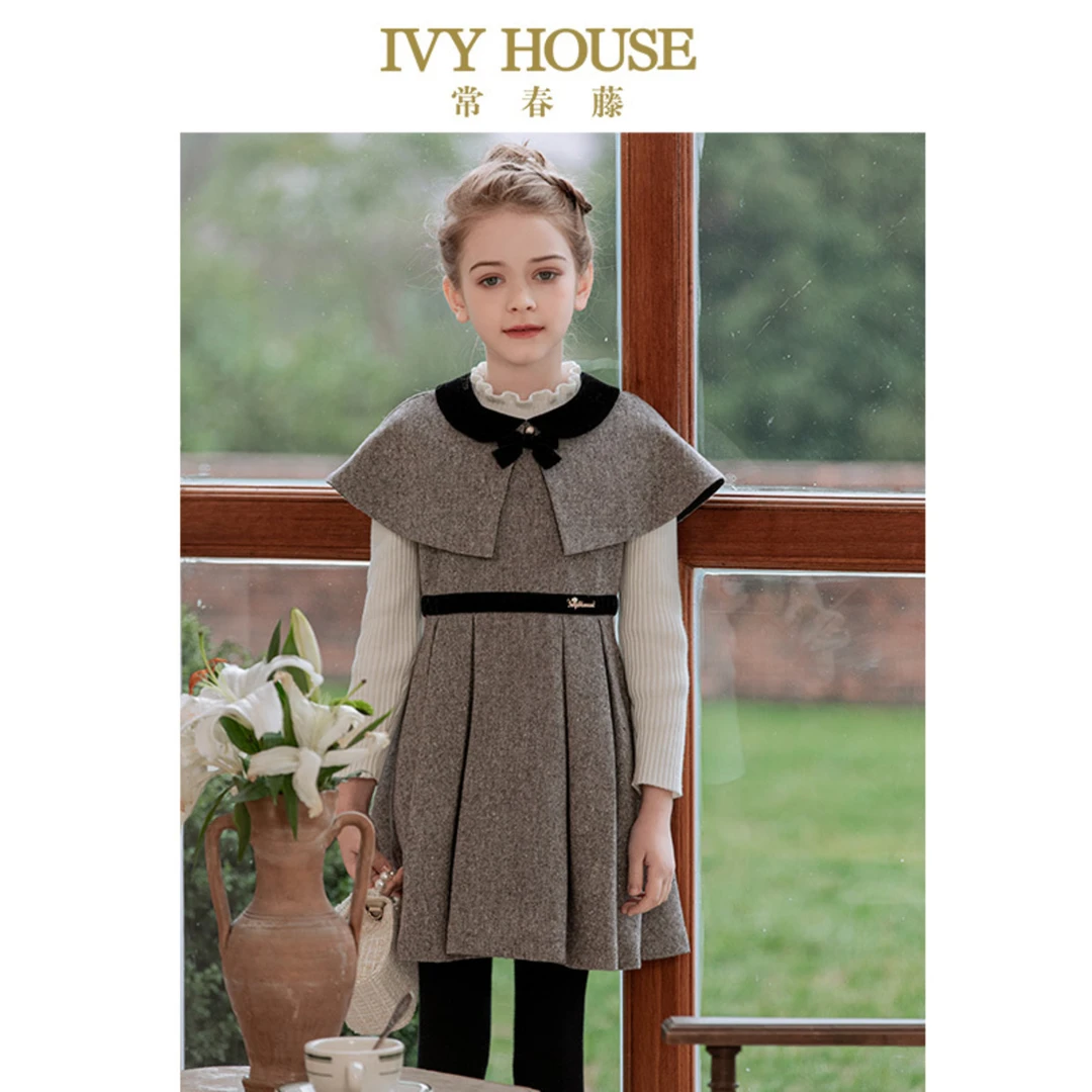 IVY HOUSE常春藤童装女童冬季款 斗篷背心裙两件套装连衣裙复古