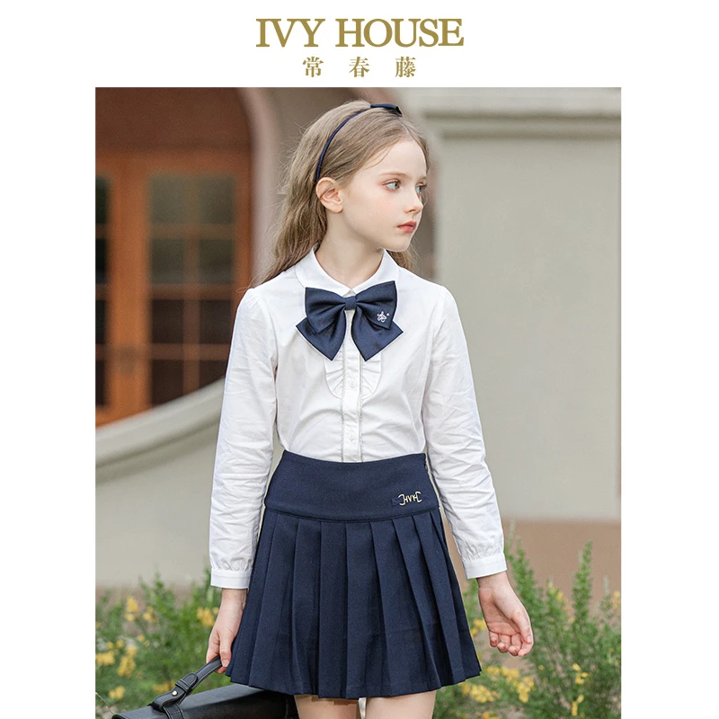 IVY HOUSE常春藤童装女童衬衣2023秋季新款 长袖白衬衫复古亲子装