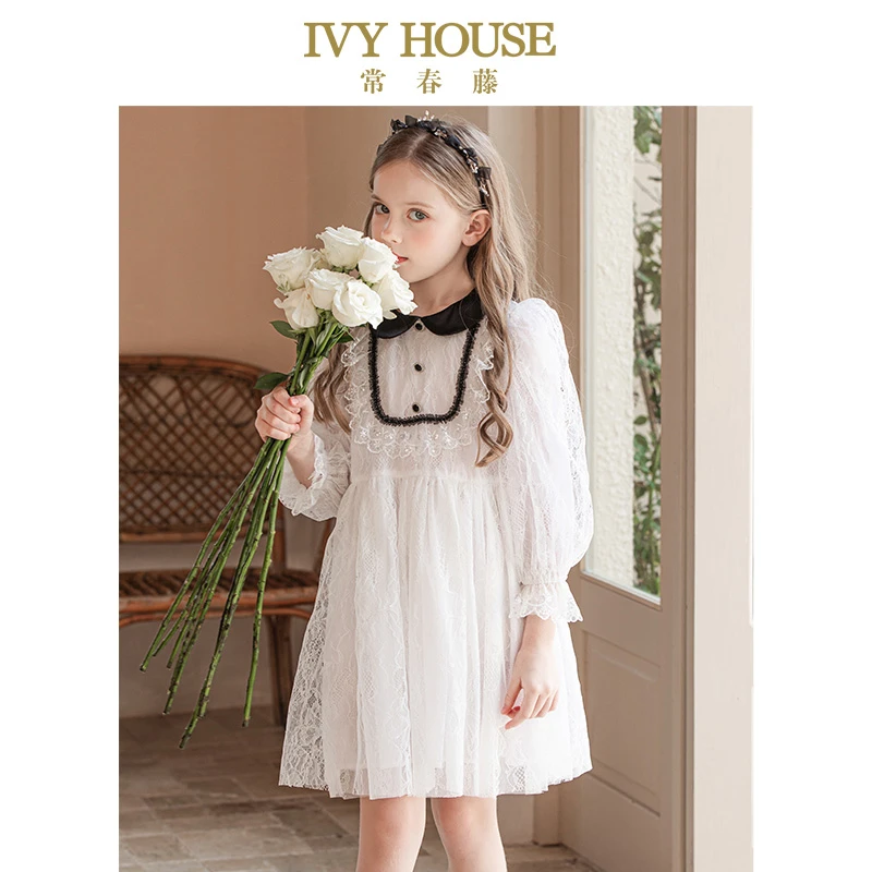 IVY HOUSE常春藤童装女童连衣裙2023春新款 蕾丝小仙裙复古公主
