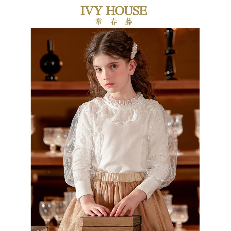IVY HOUSE常春藤童装女大童秋季新款 针织法式上衣打底衫网纱优雅