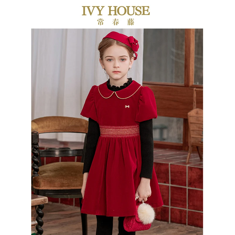 IVY HOUSE常春藤童装女童连衣裙秋冬季新款 复古平绒礼服裙