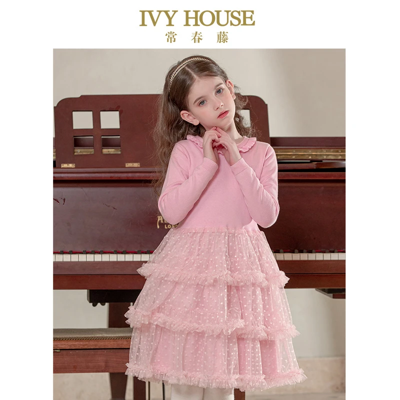 IVY HOUSE常春藤童装女童春秋新款 针织网纱连衣裙长袖洋气复古