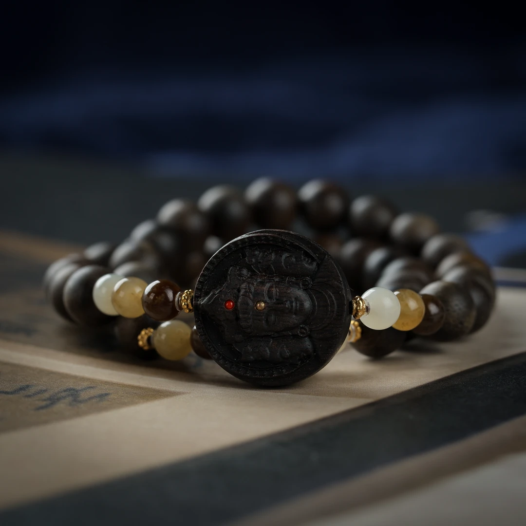 沉香手串-帝王紫棋楠双圈搭配帝王紫棋沉香木雕大日如来设计款DII