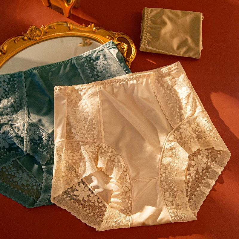 （3条装）006中高腰华尔缎拼水溶绣蕾丝舒适底裆三角裤006