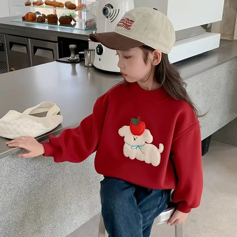 男童女童卫衣儿童休闲2024秋冬加绒红色年服卡通圆领上衣D3T0-99